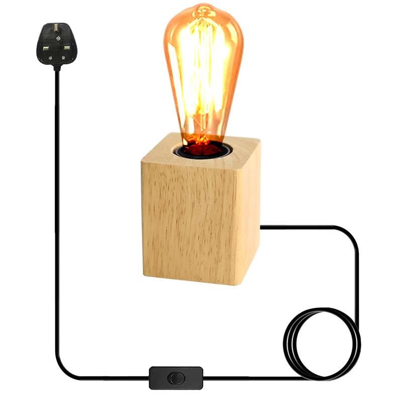 3 pin Plug in Wood Base Table Lamp Light
