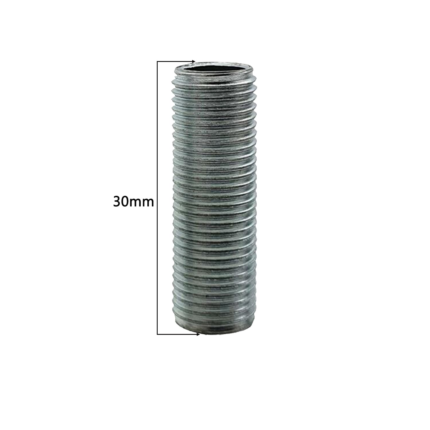 Metal threaded rod with a measurement of 30mm on a white background