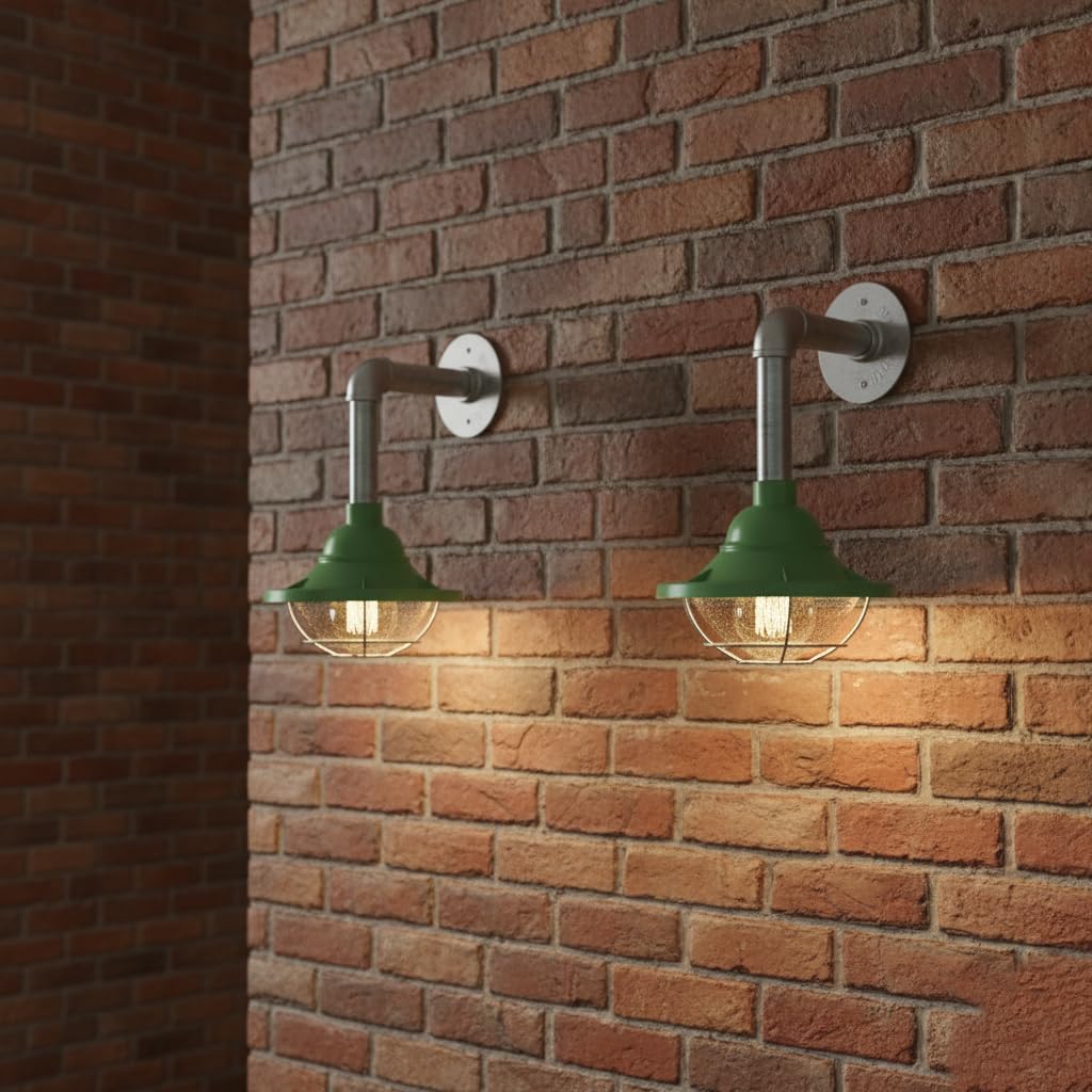 green galvanised steel wall sconce with bulb, 2-pack industrial wall light green, 10.5cm metal fisherman cage lamp, E27 vintage green pipe lighting, ready-to-install green wall sconces