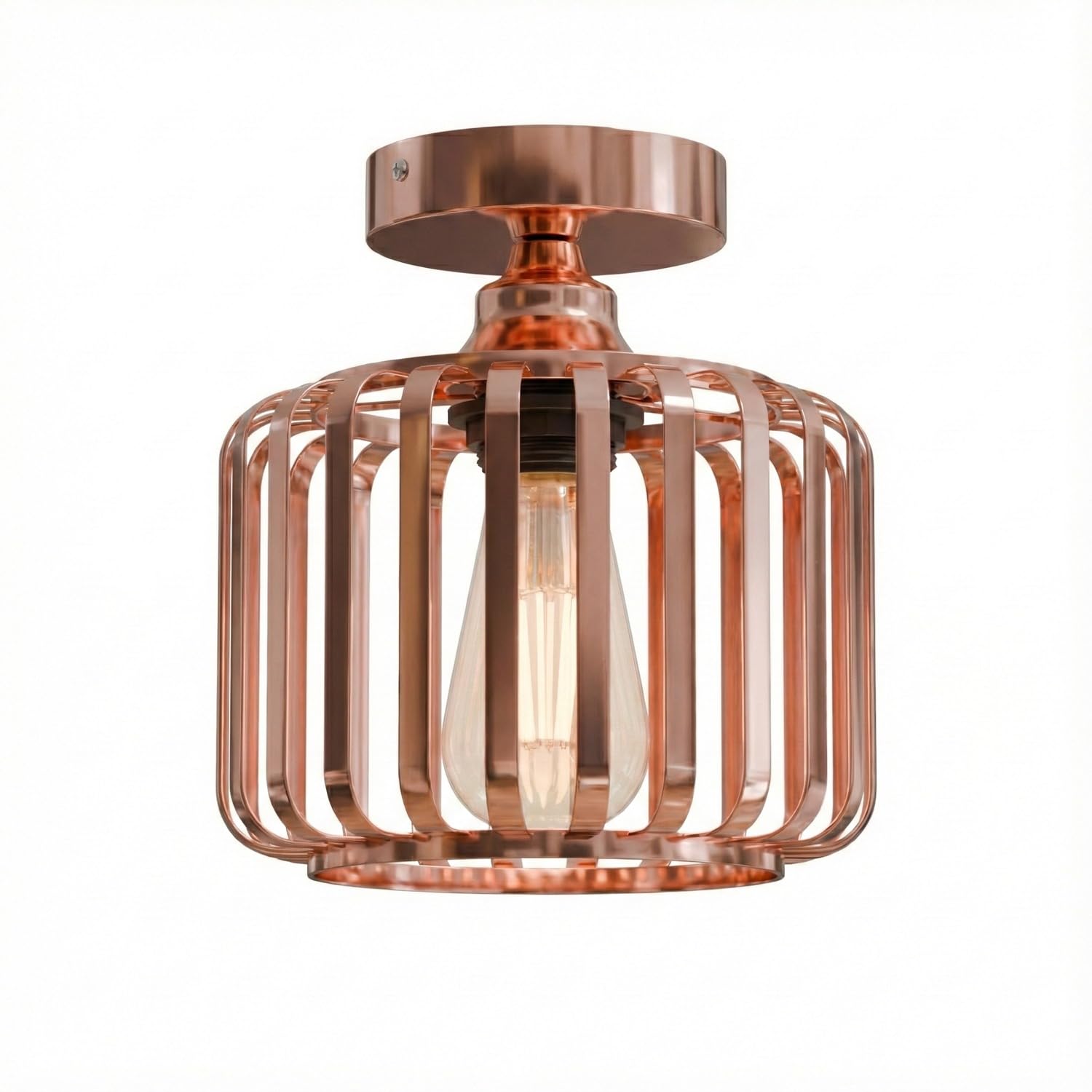 Rose gold industrial metal cage semi-flush mount ceiling light with bulb