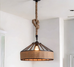 Rustic industrial hemp rope pendant ceiling light with metal cage and adjustable hemp rope.