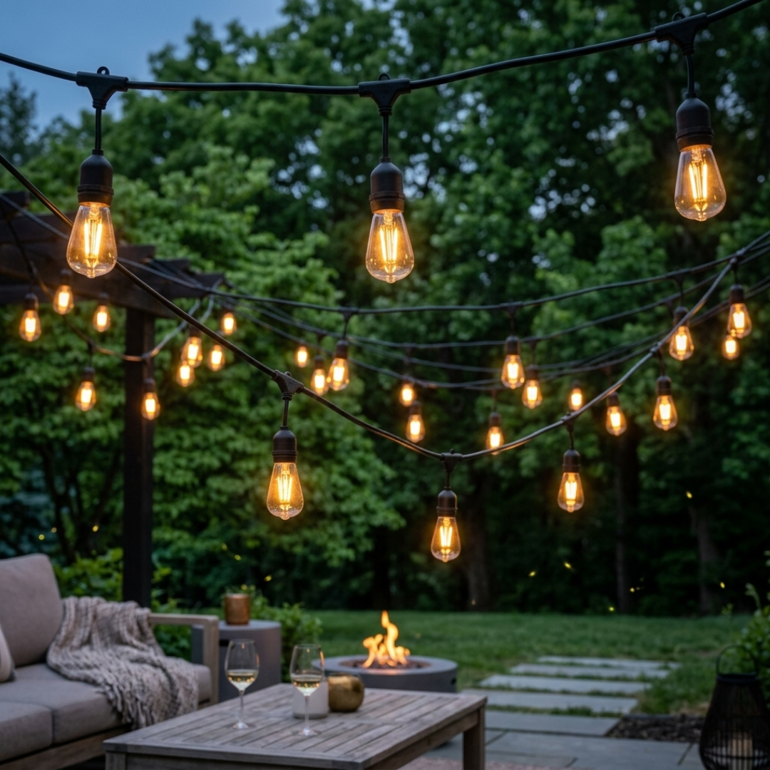 String lights hanging above a patio with a fire pit and outdoor furniture.