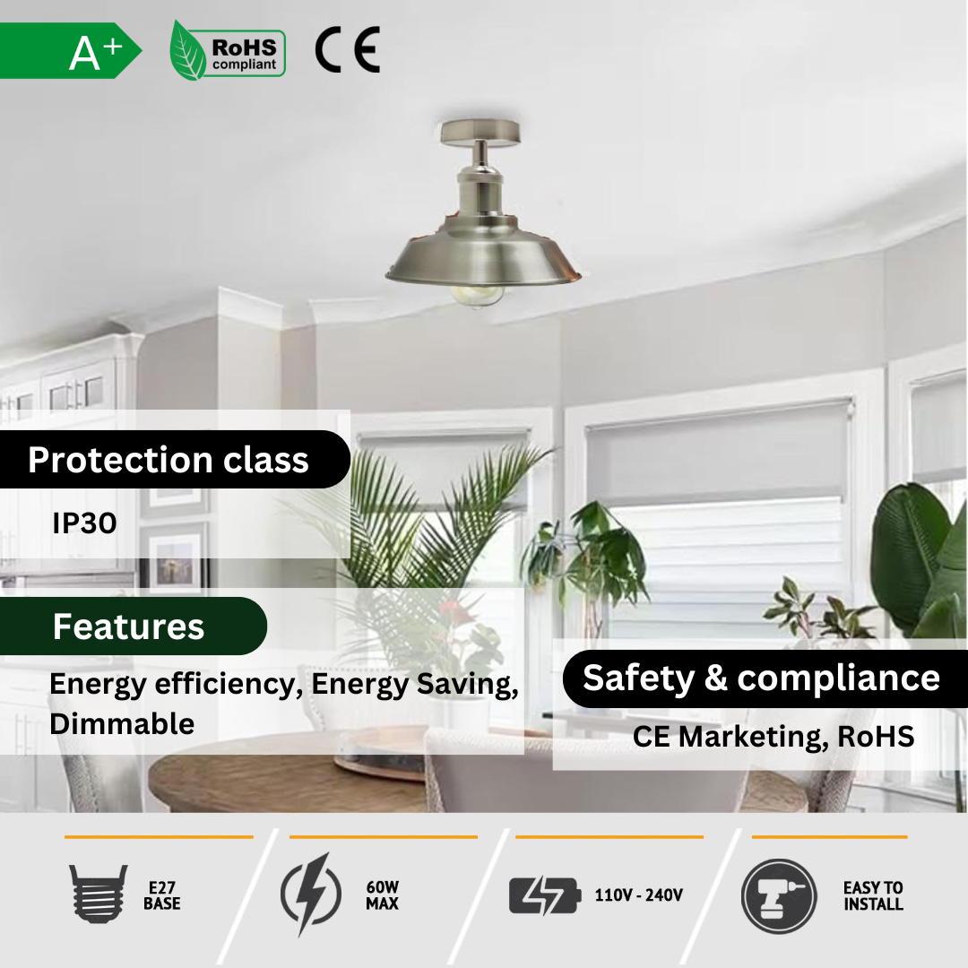 Industrial semi recessed ceiling light 22cm metal shade indoor lighting