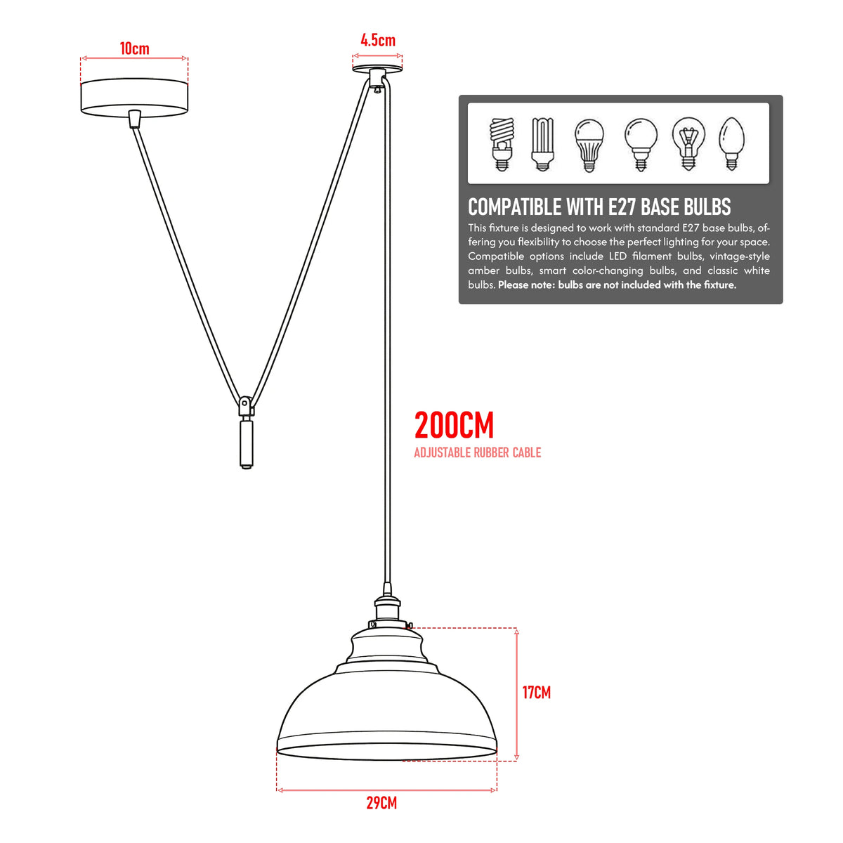 Dimension diagram of a pulley pendant light showing 200 cm adjustable cord, shade size and ceiling mount