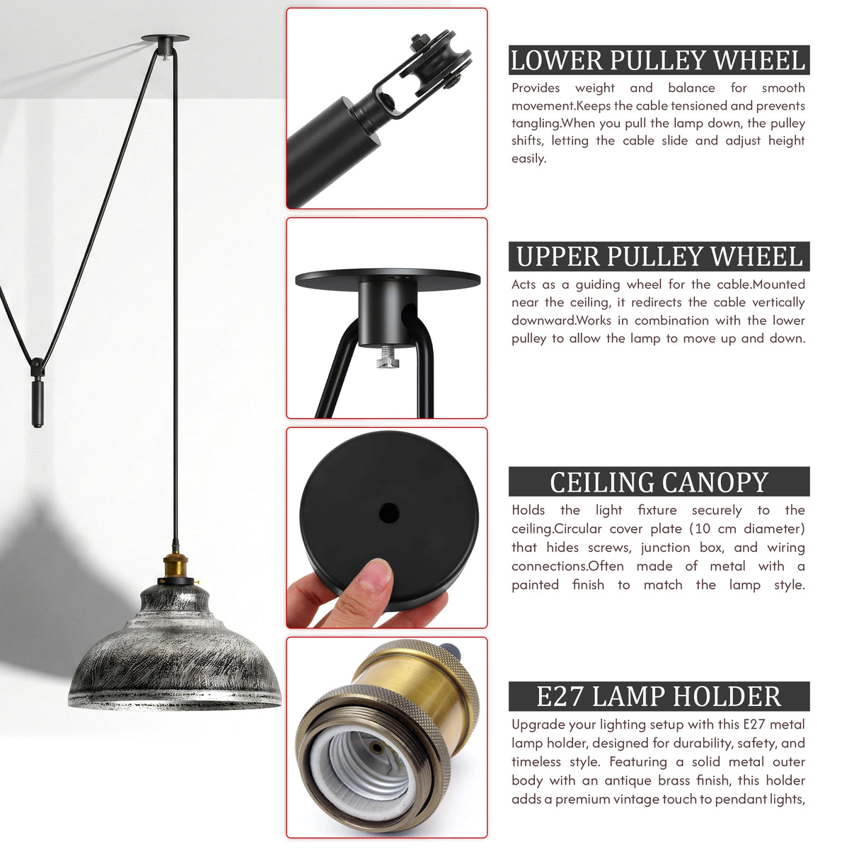 Parts of a pulley wheel pendant light: lower pulley wheel, upper pulley wheel, ceiling canopy and E27 lamp holder