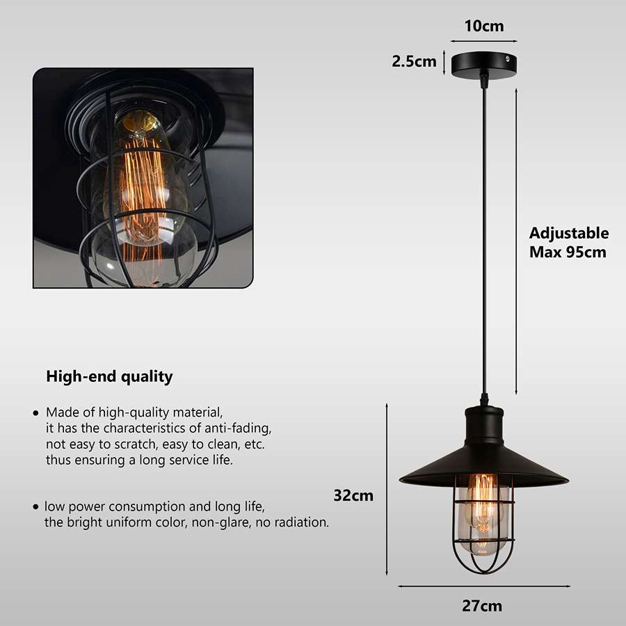 Retro Industrial Black Wire Cage Metal Shade Pendant Lamp Dining Table - Size Image