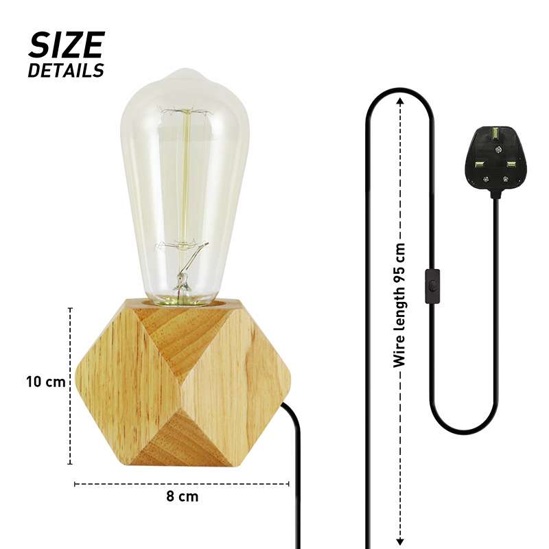 Solid Wood Table Lamp Base E27 220V Wooden 3 Pin Plug In Light with ON/OFF Switch-Size Details
