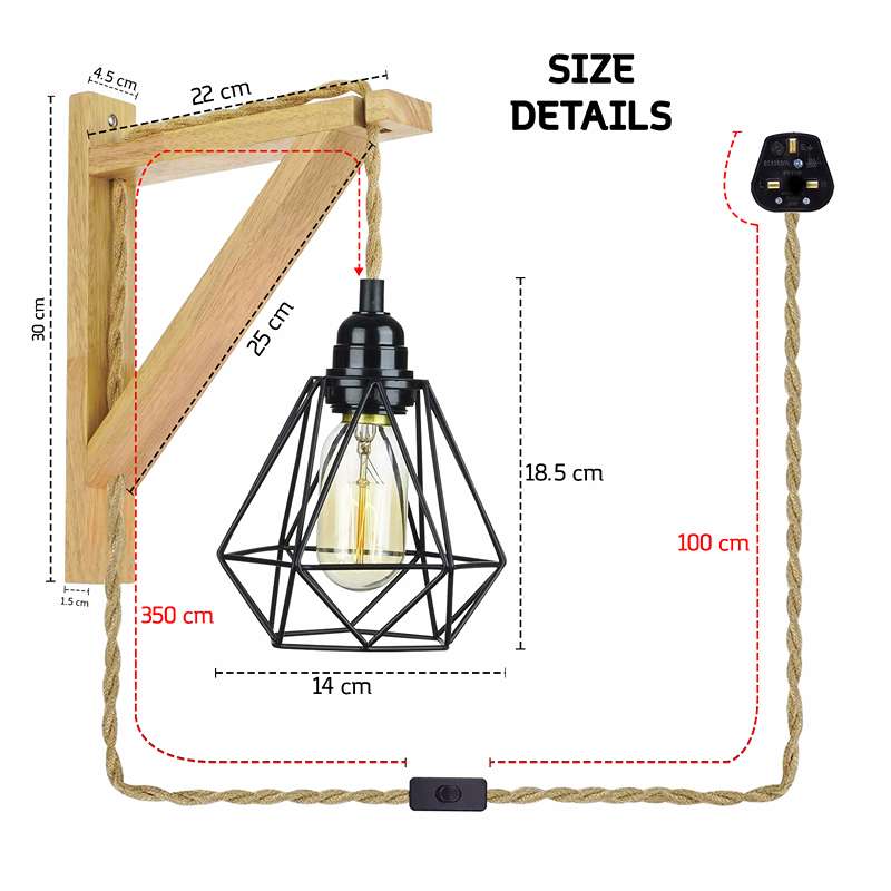 plug in cord Wood hemp rope wall lamp with diamond shade-Size