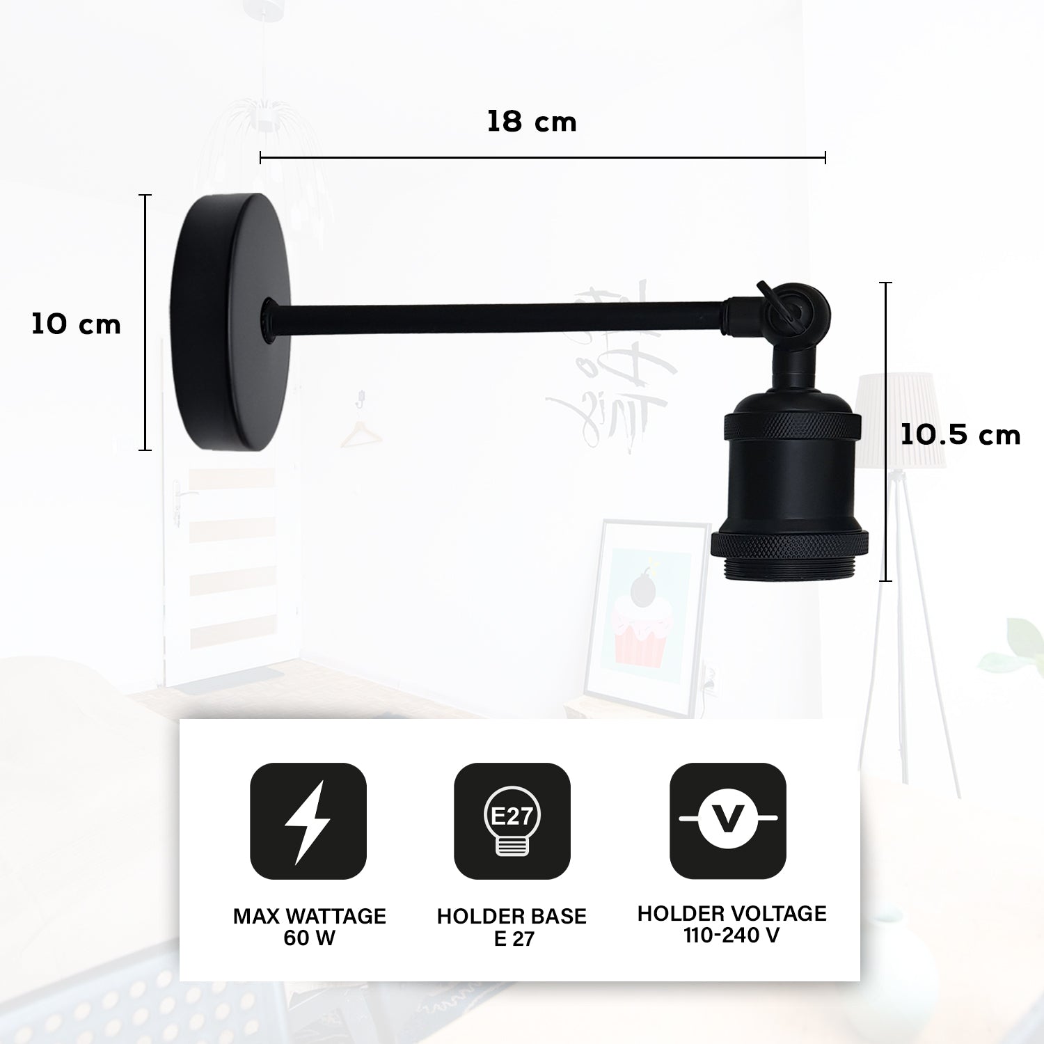 Long Arm With Short Holder Wall Light - Black Size Image