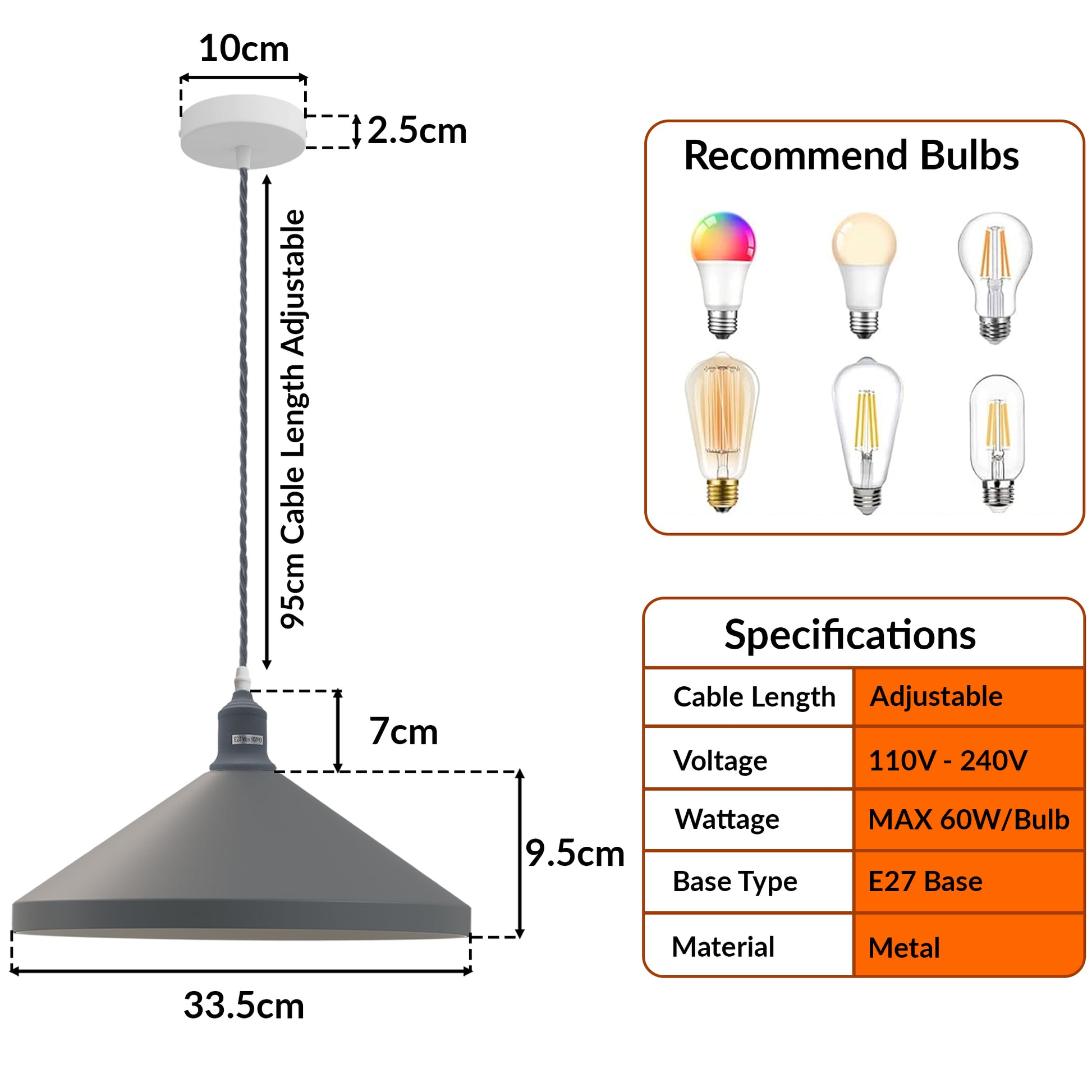 Single pendant Light with Recommended Bulb Bases 