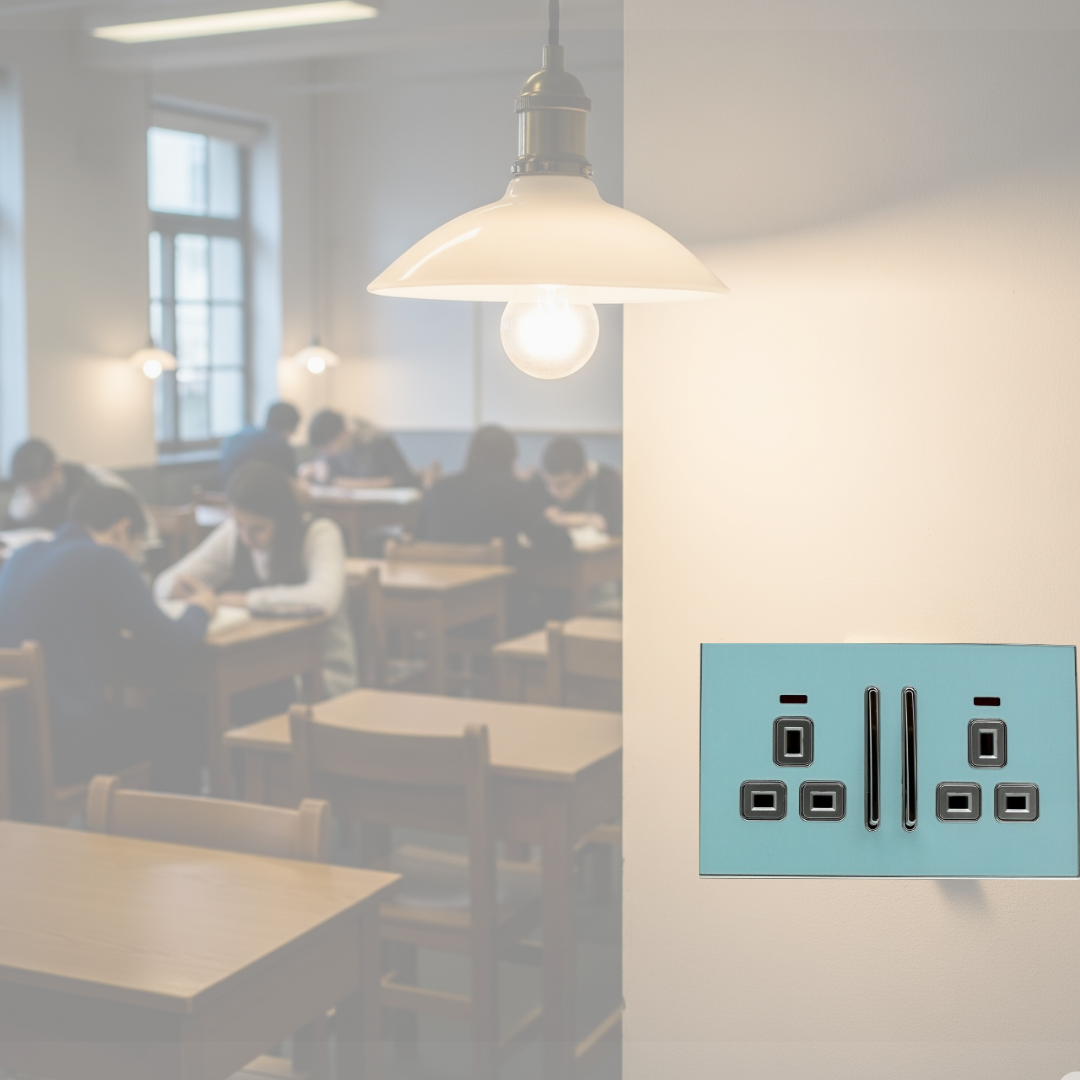 Decorative UK plug socket with a glossy blue face and satin gold inserts A full range of blue glossy plug sockets with gold inserts  Blue glossy decorative plug socket in a modern room