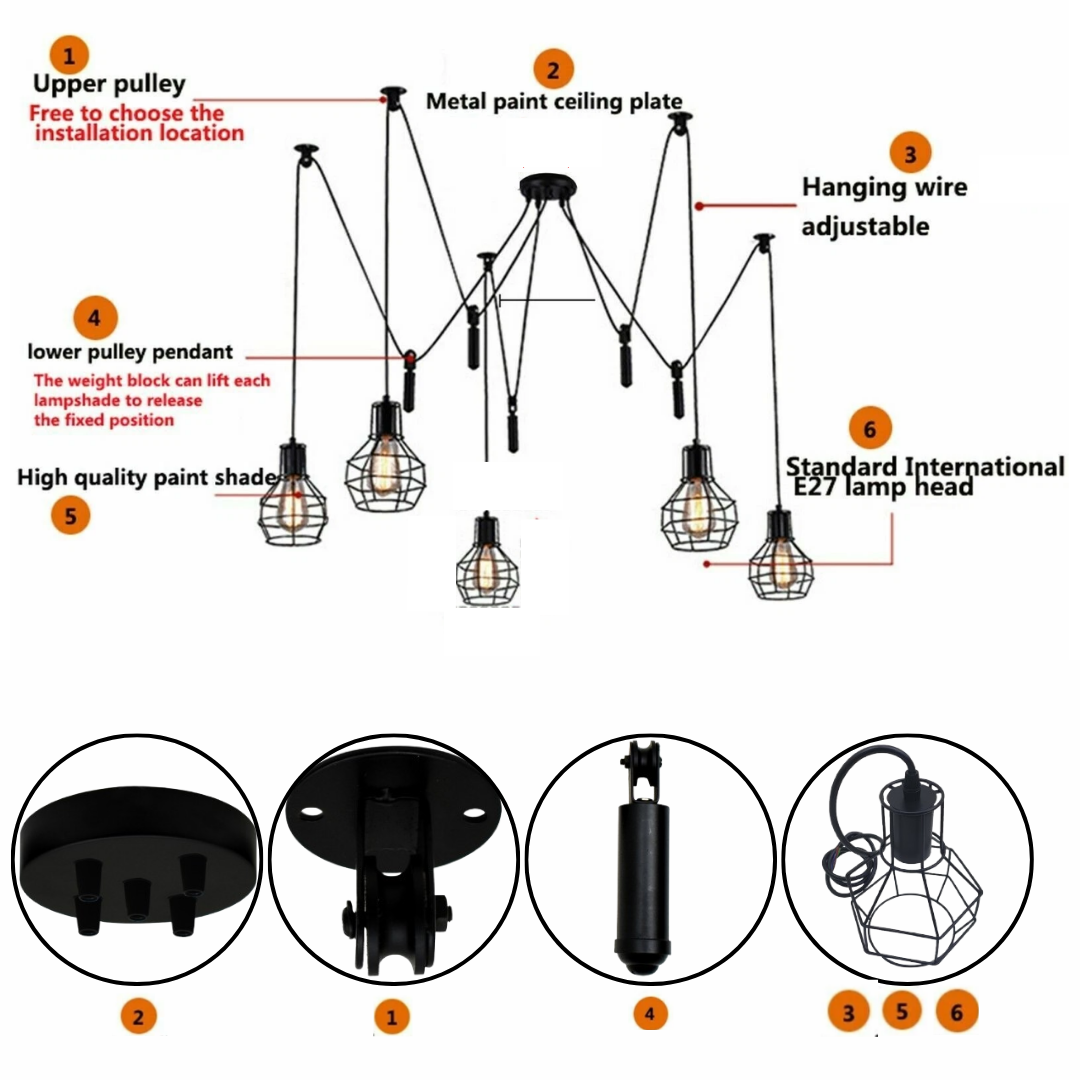 Diagram of a hanging light fixture with labeled parts and features.