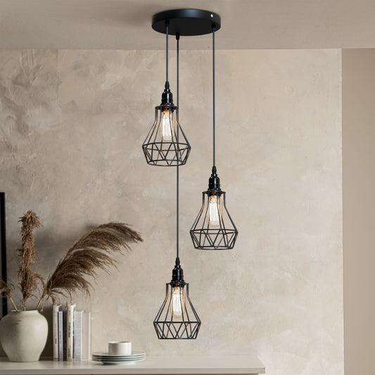 Lámpara colgante vintage industrial de metal negro con forma de jaula ~5749