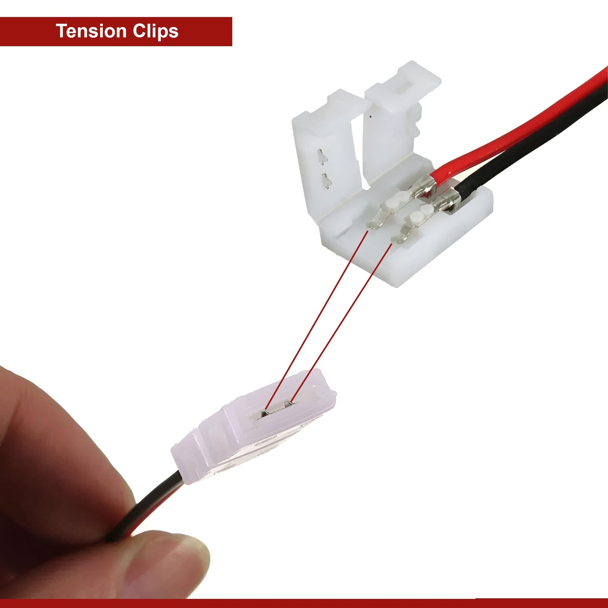 Tension clips with wires being held by a hand on a white background