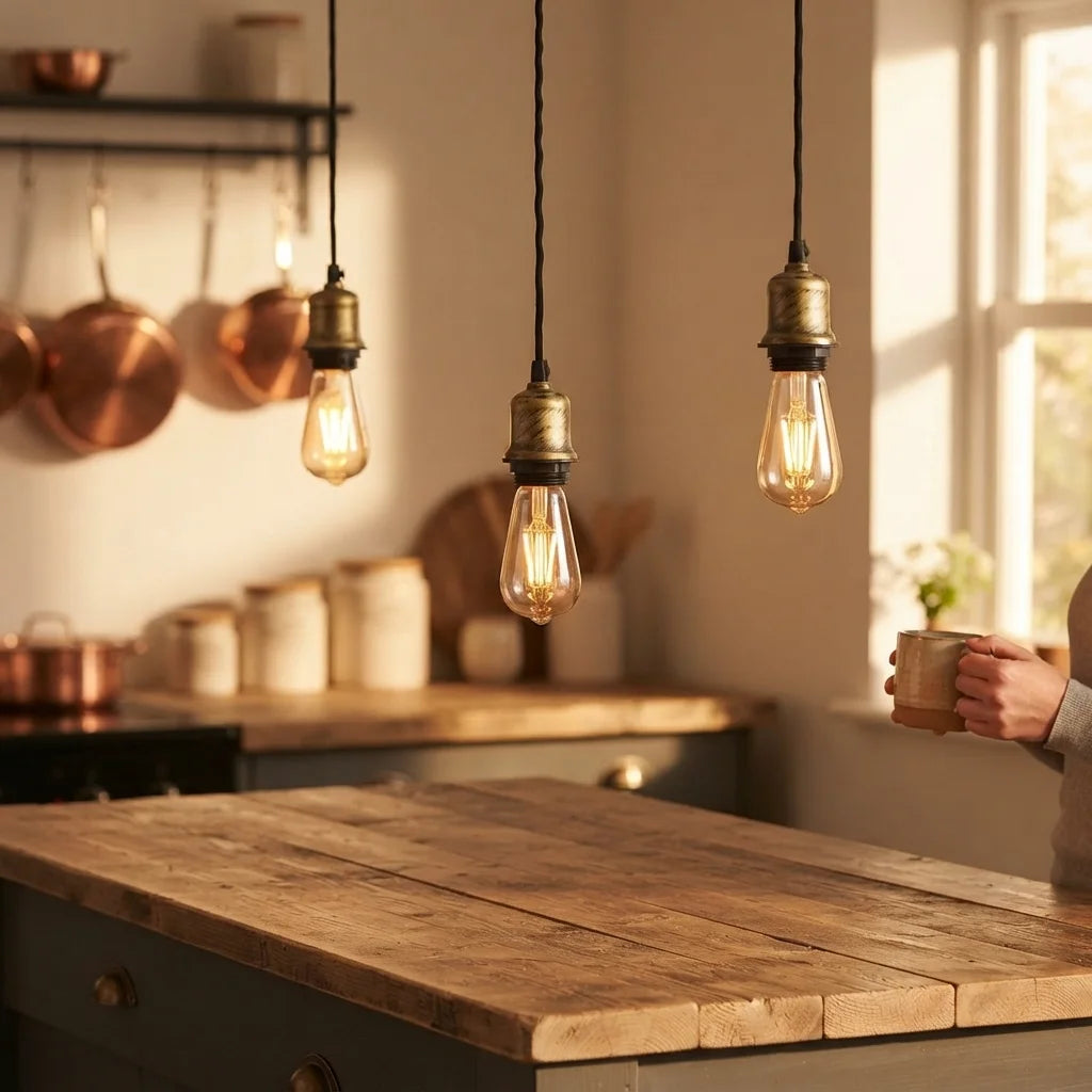 Three hanging Edison-style light bulbs with brass sockets suspended over a rustic wooden kitchen island, with a softly blurred warm kitchen interior in the background.