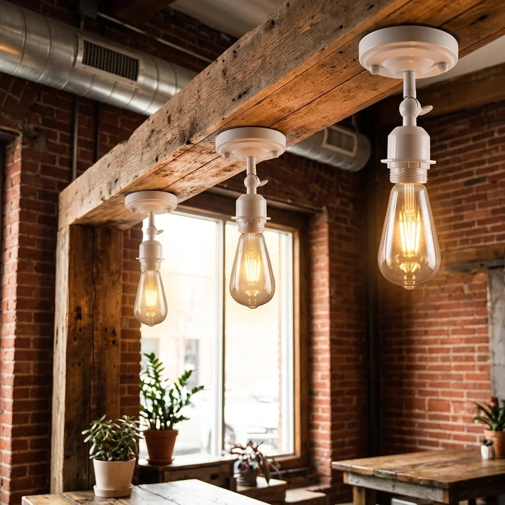 Three industrial-style pendant light fixtures with white sockets and clear glass Edison bulbs hanging from rustic wooden beams in a brick interior.