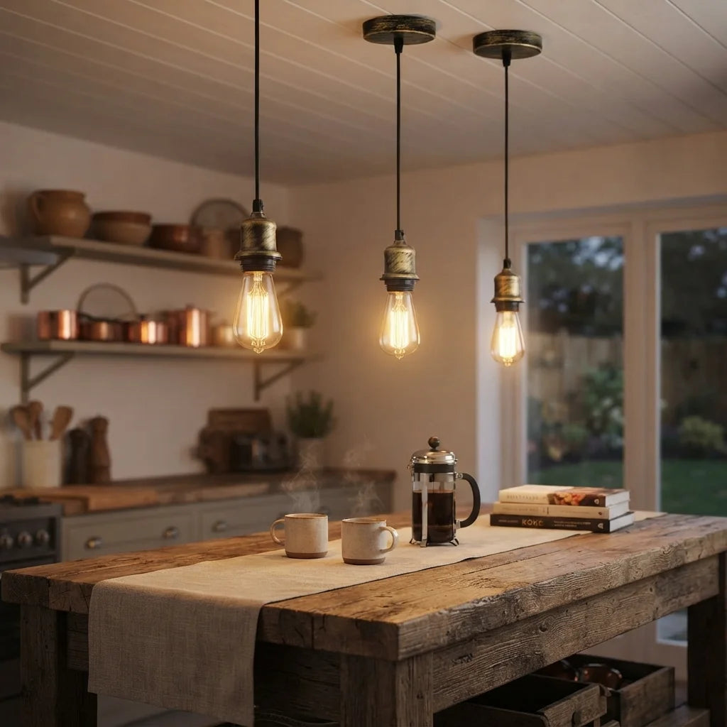 Three rustic industrial pendant lights with glowing Edison bulbs hang over a wooden dining table in a cozy, warm kitchen setting.