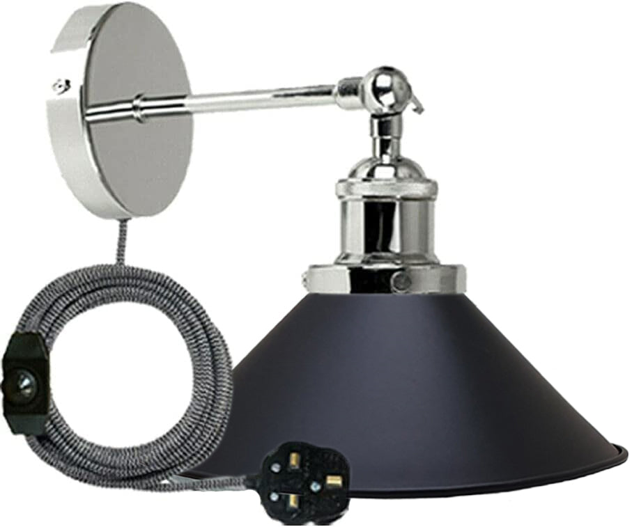 Black chrome plug in wall light without bulb