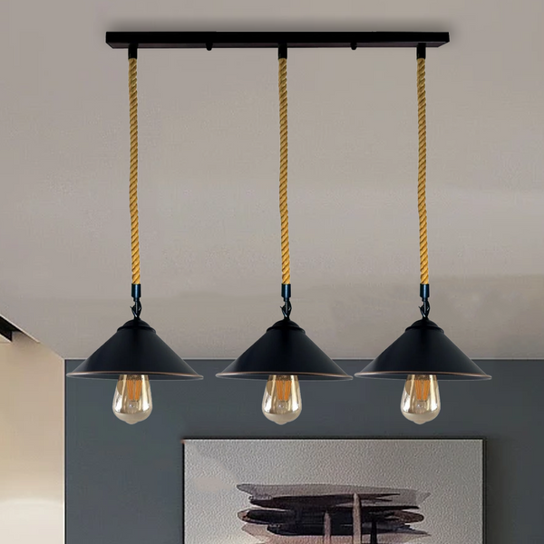 Three black cone hemp rope pendant lights on one ceiling rose