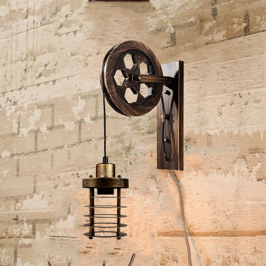 Industrial Wall Mounted Pulley Wheel Light Retro Metal Cylinder Shape Shade Indoor Light Fixture~1222