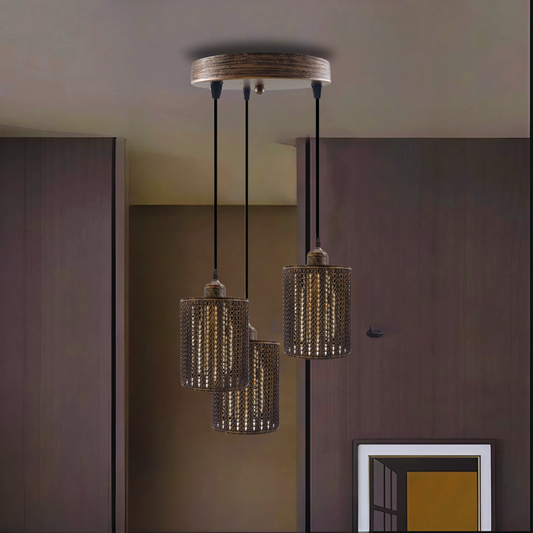 Industrial Vintage Retro 3 way Round brushed copper ceiling pattern Pendant Cage~3988
