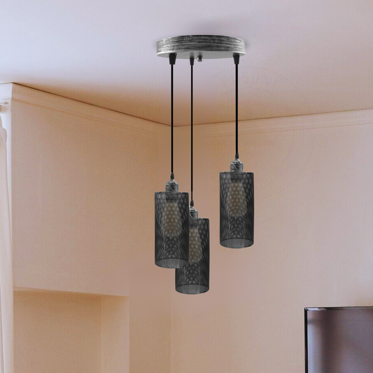 Industrial vintage Retro3 way Round ceiling Brushed Silver cage pendant light E27 Uk Holder~3955