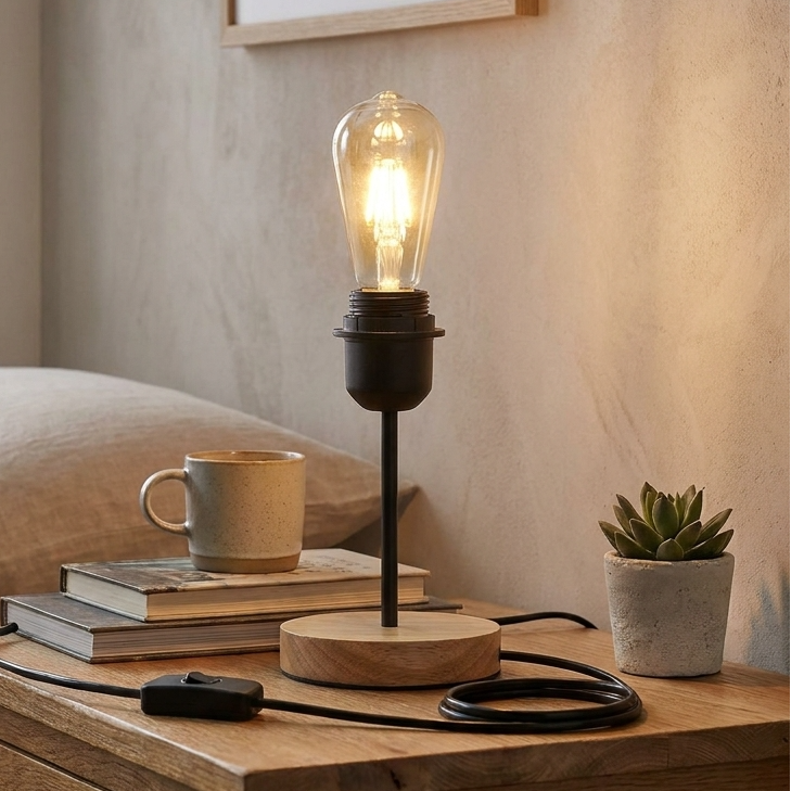 Table lamp with a lit bulb on a wooden nightstand in a bedroom setting.