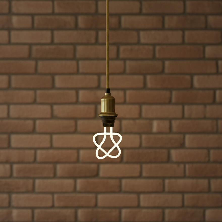 Decorative light bulb with unique design against a brick wall background
