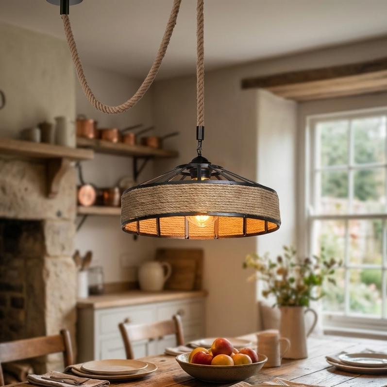 Dining room with wooden table, rustic pendant light, and window view.