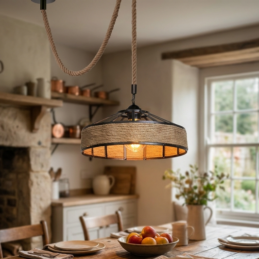 Dining room with wooden table, rustic pendant light, and window view.