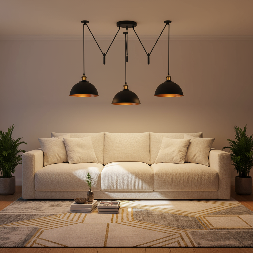 Modern living room with a beige sectional sofa, decorative pillows, and three pendant lights.
