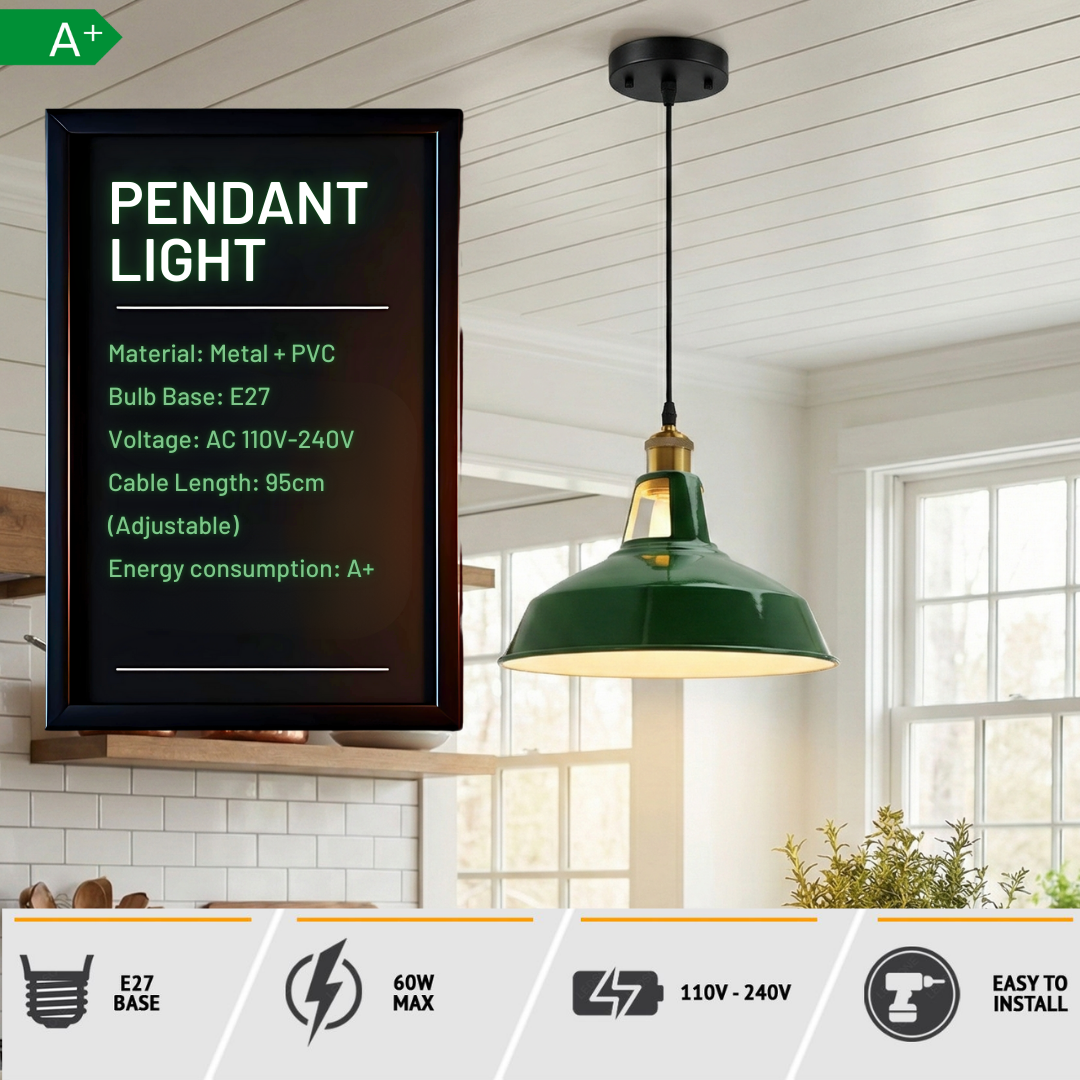 Green pendant light with product details on a black frame in a kitchen setting