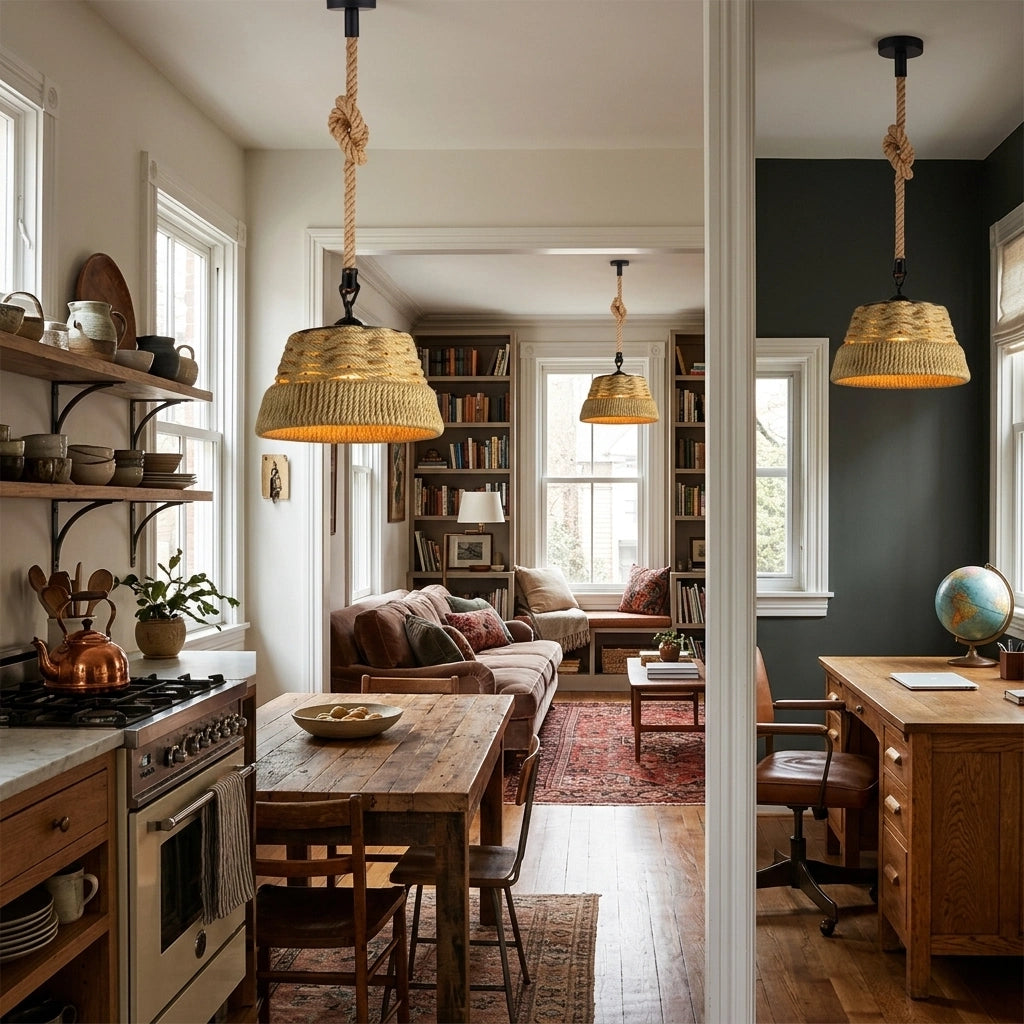 Cozy living room with wooden furniture and bookshelves