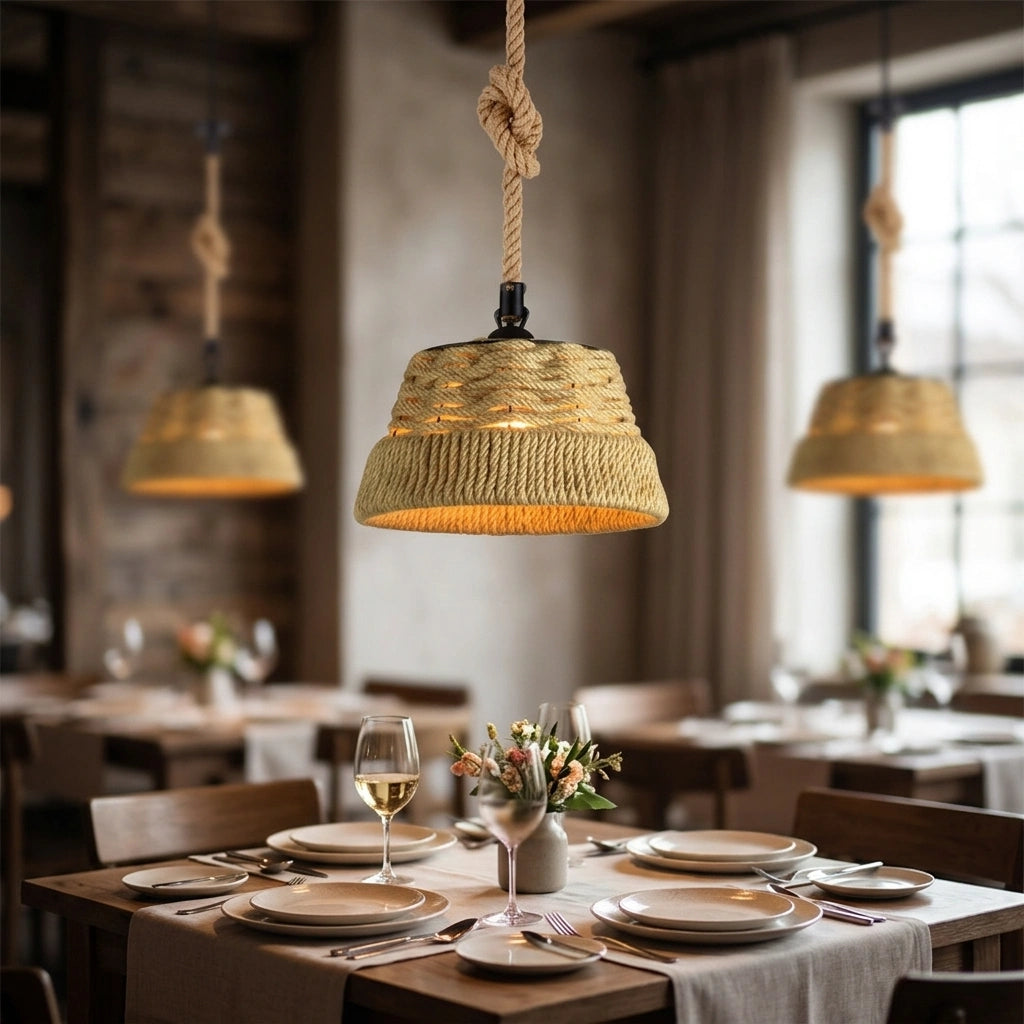 Dining room with rustic pendant lights and set tables.