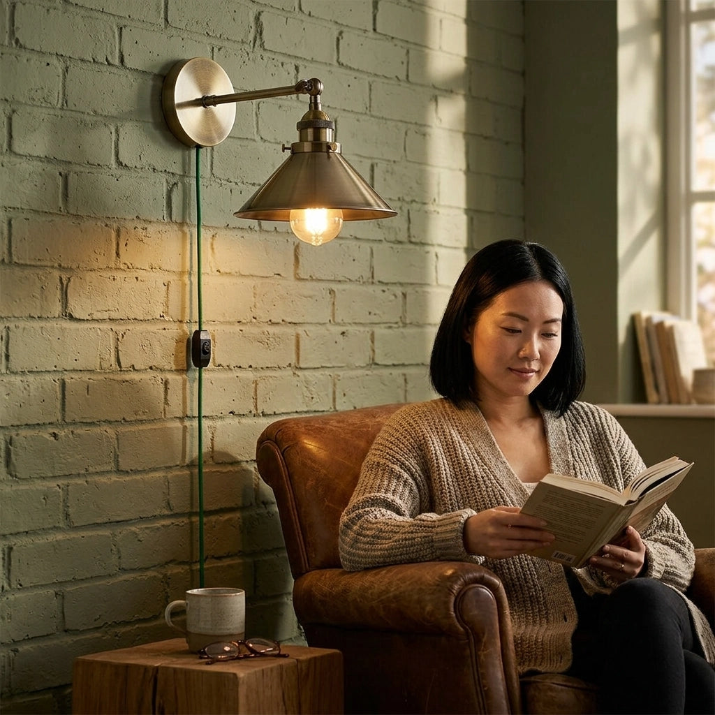 Woman reading a book in a cozy room with a brick wall and lamp.