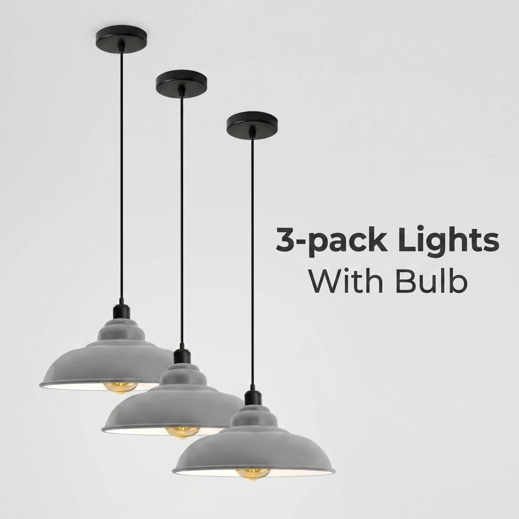 Three-pack of industrial-style pendant lights with matte black ceiling mounts and cords, featuring gray dome shades and visible warm white bulbs, shown against a light gray background with the text '3-pack Lights With Bulb'.