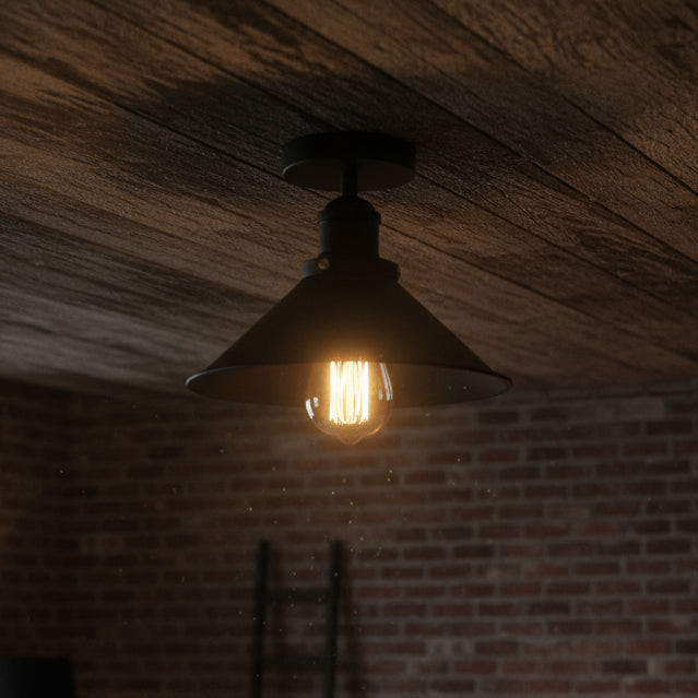 Black ceiling light fixture with a visible bulb on a white background