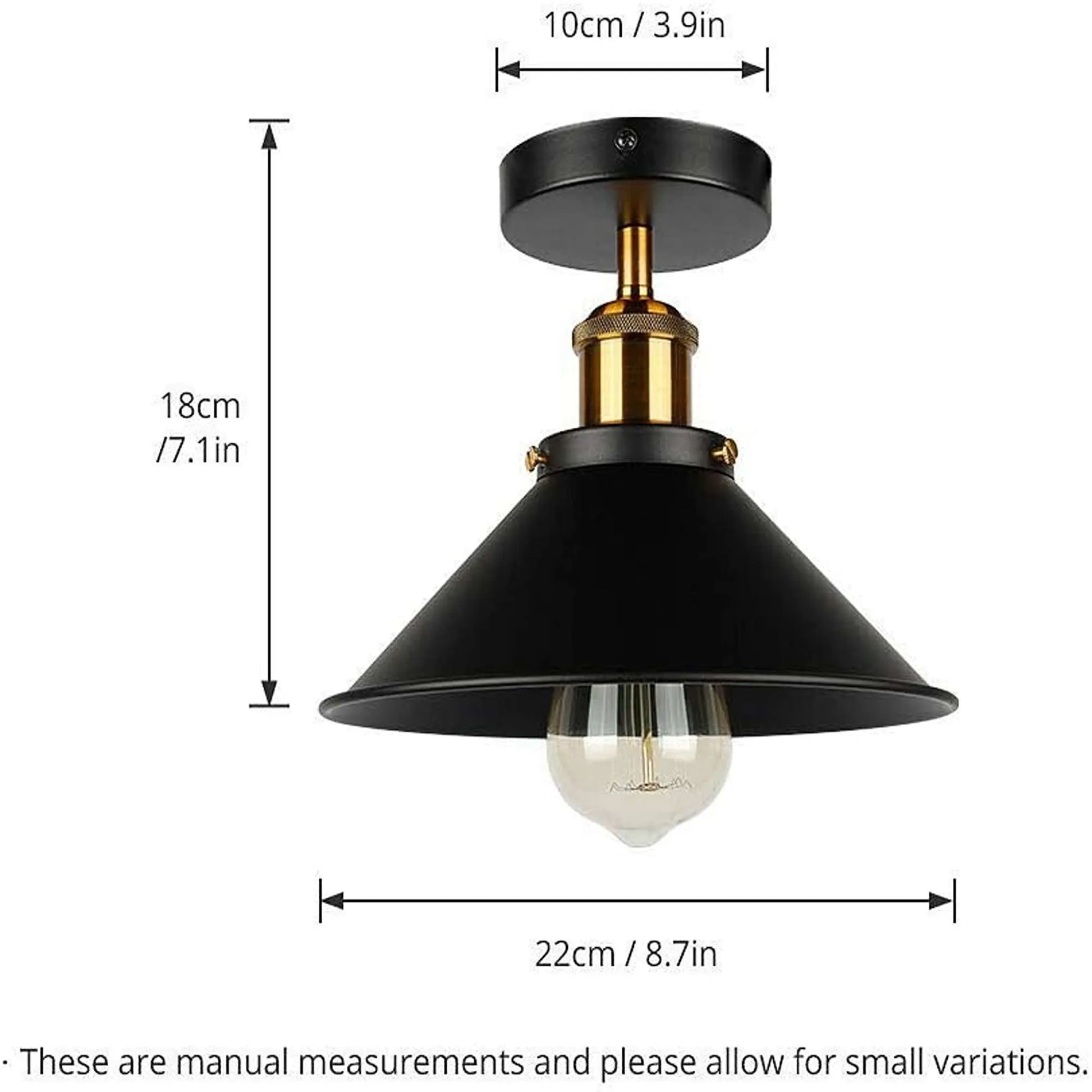 A black and brass industrial-style ceiling light with dimension annotations showing 18cm height, 10cm ceiling mount, and 22cm shade width on a white background.