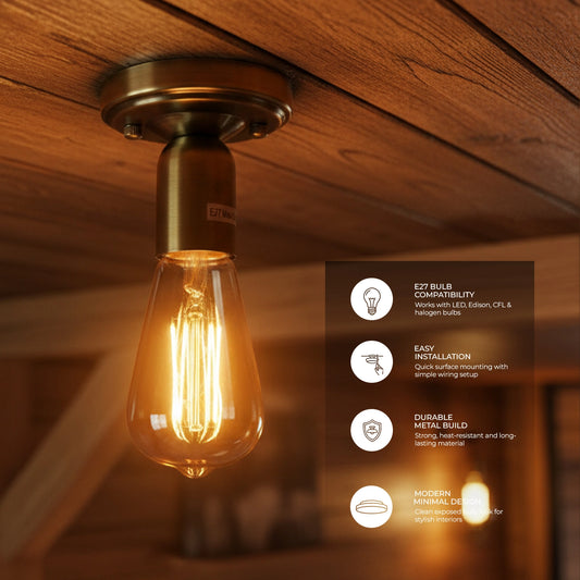 A warm glowing vintage-style Edison bulb hanging from a brass ceiling mount on a wooden ceiling, with a dark feature callout panel showing compatibility, easy installation, durable metal build, and modern minimalist design.