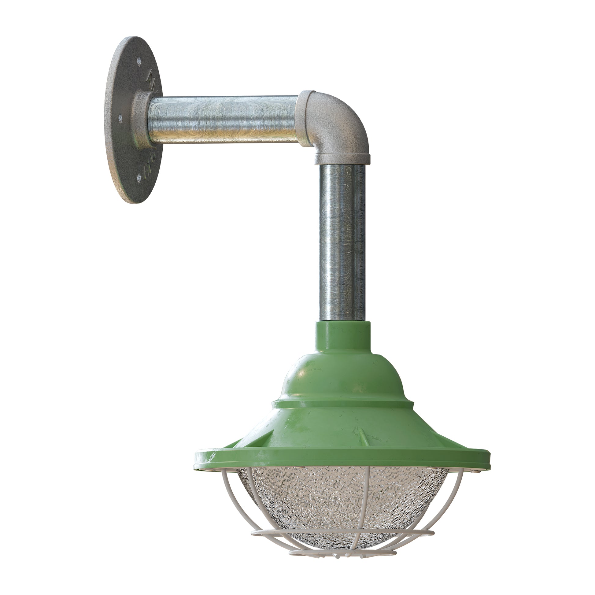 an industrial style wall mounted conduit pipe light with cage shade, showing the lamp in gray color.