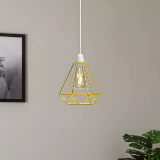 Yellow Diamond Cage Pendant Lamp Shade Metal Wire Ceiling Light Fixture ~1900