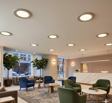 Flush-mounted round ceiling lights casting warm ambient illumination over an elegant commercial lobby with armchairs and a reception desk.