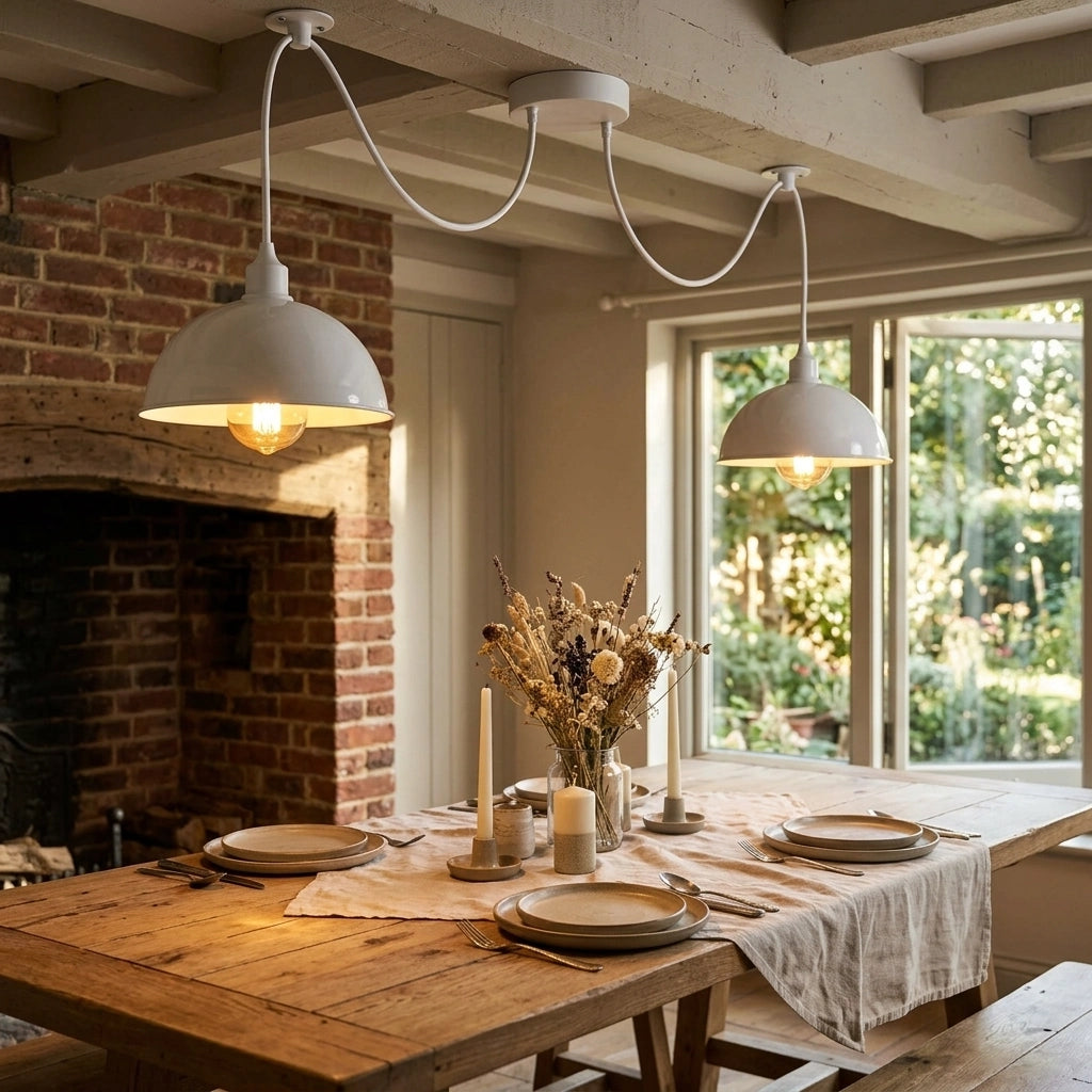 Two white dome pendant lights with curved white cords hang above a rustic wooden dining table set for four in a cozy, sunlit dining room with a brick fireplace and large windows.