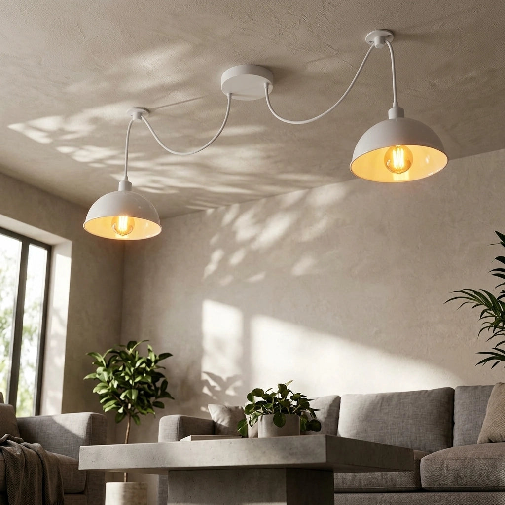 A modern two-light fixture with white dome-shaped shades and curved white cords hangs in a minimalist living room with warm yellow light glowing from the exposed bulbs.