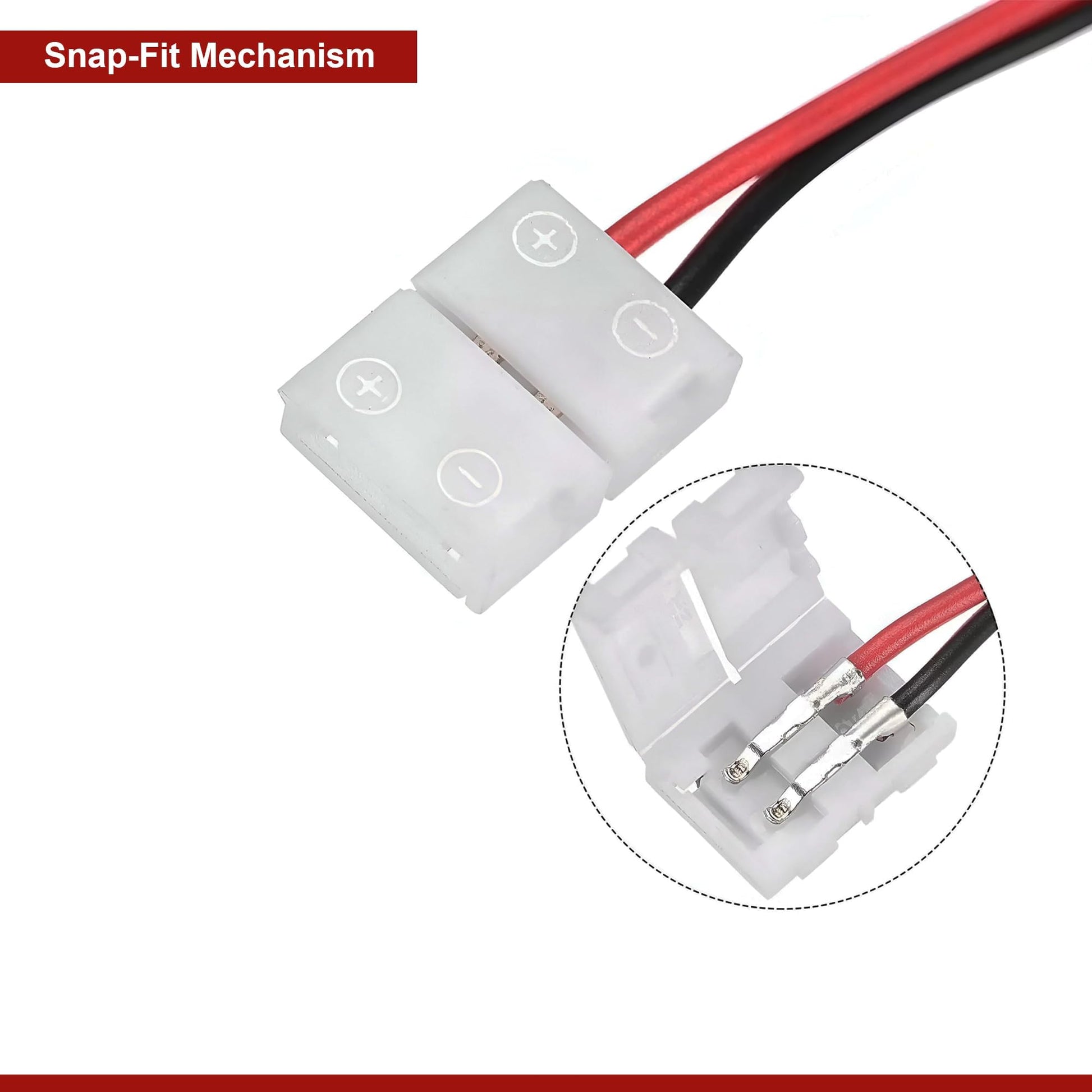 White electrical connector with red and black wires on a white background