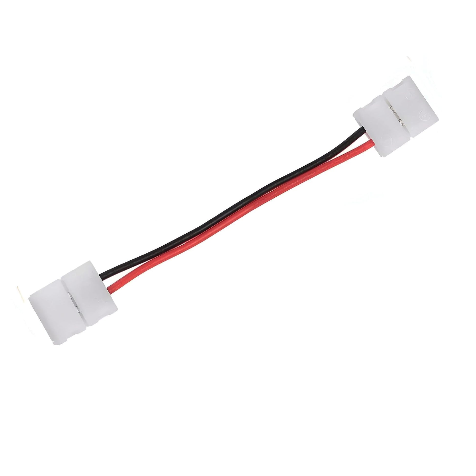 Wire connector with red and black wires on a white background