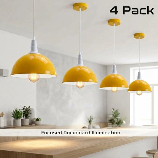 Four yellow dome pendant lights with white cords and yellow ceiling canopies, shown hanging in a bright modern kitchen. Text overlays read '4 Pack' and 'Focused Downward Illumination'.