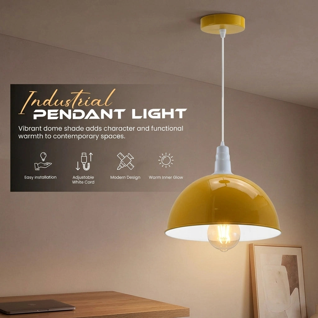 A modern industrial pendant light with a glossy mustard yellow dome shade and a white adjustable cord, shown hanging in a room. A dark informational graphic on the left reads 'Industrial PENDANT LIGHT' with feature icons, and part of a wooden desk and framed picture are visible below.