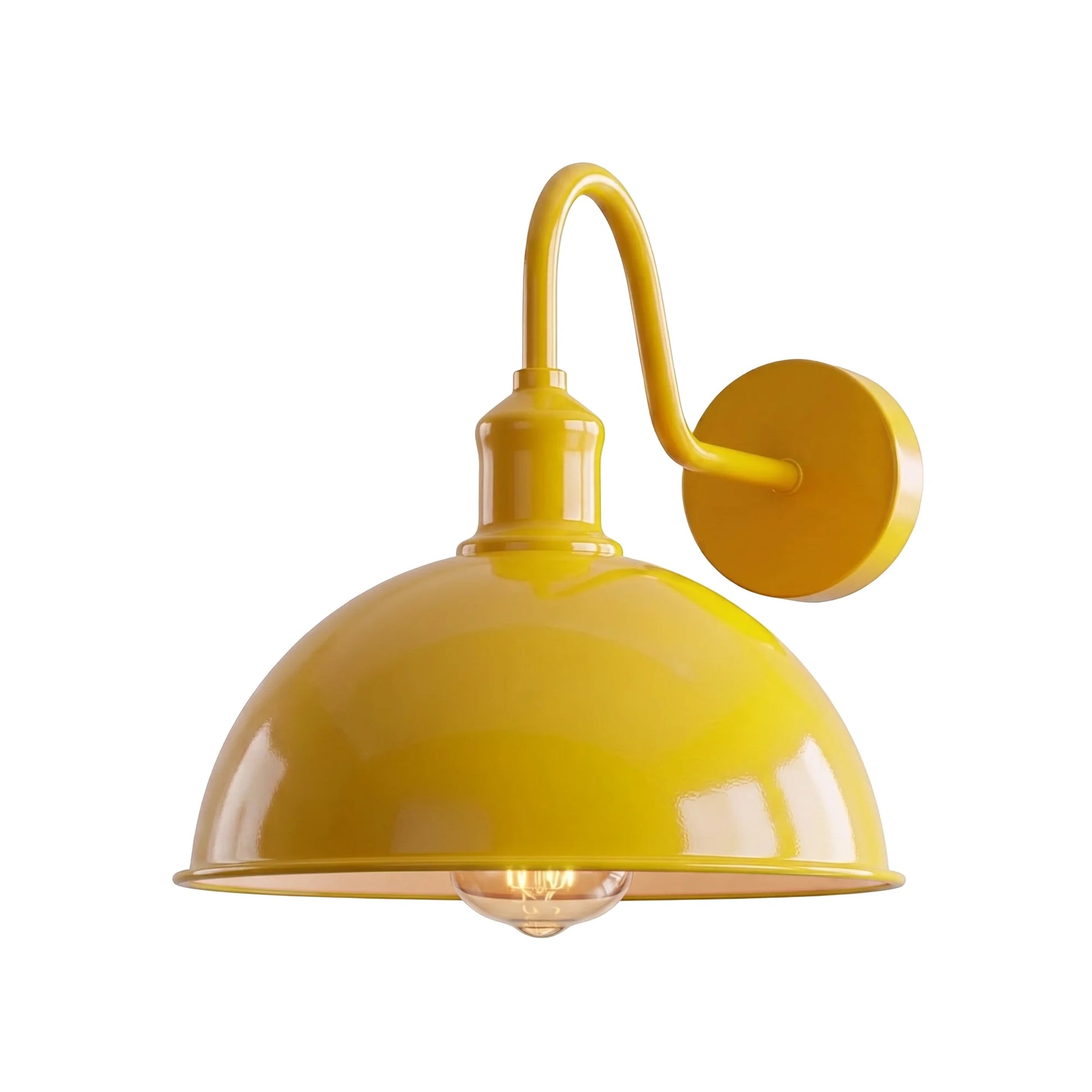 Yellow wall-mounted lamp with a curved arm on a white background