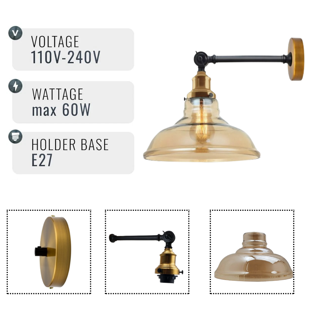 Wall-mounted light fixture with specifications on a white background